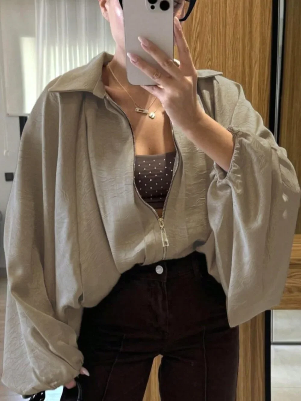 Khaki Casual Women's Draping Puff Bomber Jacket